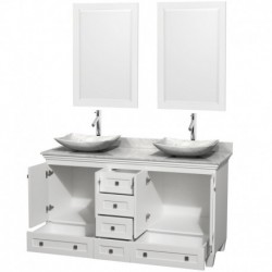 60 inch Double Bathroom Vanity in White, White Carrera Marble Countertop, Arista White Carrera Marble Sinks, and 24 inch Mirror