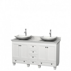 60 inch Double Bathroom Vanity in White, White Carrera Marble Countertop, Arista White Carrera Marble Sinks, and No Mirrors