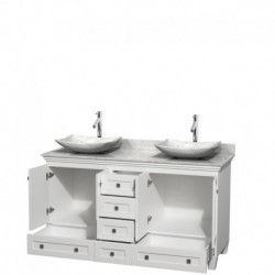 60 inch Double Bathroom Vanity in White, White Carrera Marble Countertop, Arista White Carrera Marble Sinks, and No Mirrors
