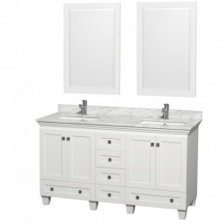 60 inch Double Bathroom Vanity in White, White Carrera Marble Countertop, Undermount Square Sinks, and 24 inch Mirrors