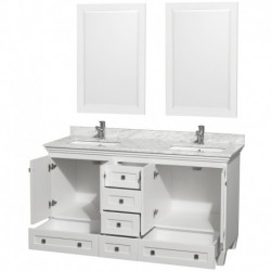 60 inch Double Bathroom Vanity in White, White Carrera Marble Countertop, Undermount Square Sinks, and 24 inch Mirrors