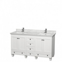 60 inch Double Bathroom Vanity in White, White Carrera Marble Countertop, Undermount Square Sinks, and No Mirrors