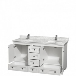 60 inch Double Bathroom Vanity in White, White Carrera Marble Countertop, Undermount Square Sinks, and No Mirrors