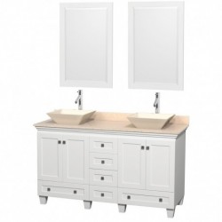 60 inch Double Bathroom Vanity in White, Ivory Marble Countertop, Pyra Bone Sinks, and 24 inch Mirrors