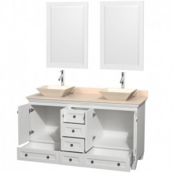60 inch Double Bathroom Vanity in White, Ivory Marble Countertop, Pyra Bone Sinks, and 24 inch Mirrors