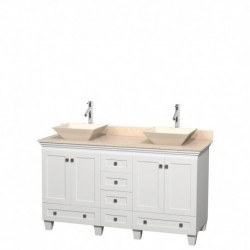 60 inch Double Bathroom Vanity in White, Ivory Marble Countertop, Pyra Bone Sinks, and No Mirrors