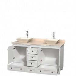 60 inch Double Bathroom Vanity in White, Ivory Marble Countertop, Pyra Bone Sinks, and No Mirrors