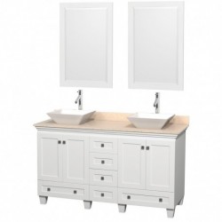 60 inch Double Bathroom Vanity in White, Ivory Marble Countertop, Pyra White Sinks, and 24 inch Mirrors