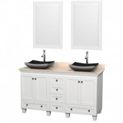 60 inch Double Bathroom Vanity in White, Ivory Marble Countertop, Altair Black Granite Sinks, and 24 inch Mirrors
