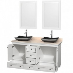 60 inch Double Bathroom Vanity in White, Ivory Marble Countertop, Altair Black Granite Sinks, and 24 inch Mirrors