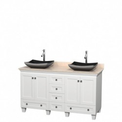 60 inch Double Bathroom Vanity in White, Ivory Marble Countertop, Altair Black Granite Sinks, and No Mirrors