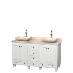 60 inch Double Bathroom Vanity in White, Ivory Marble Countertop, Avalon Ivory Marble Sinks, and No Mirrors