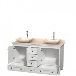 60 inch Double Bathroom Vanity in White, Ivory Marble Countertop, Avalon Ivory Marble Sinks, and No Mirrors