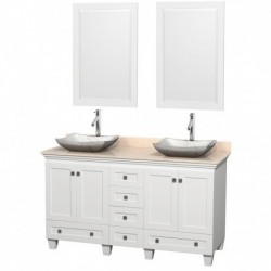 60 inch Double Bathroom Vanity in White, Ivory Marble Countertop, Avalon White Carrera Marble Sinks, and 24 inch Mirrors