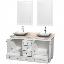 60 inch Double Bathroom Vanity in White, Ivory Marble Countertop, Avalon White Carrera Marble Sinks, and 24 inch Mirrors