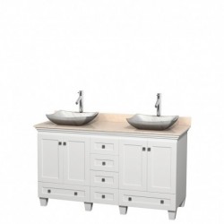 60 inch Double Bathroom Vanity in White, Ivory Marble Countertop, Avalon White Carrera Marble Sinks, and No Mirrors