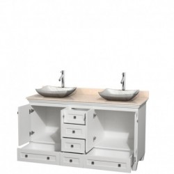 60 inch Double Bathroom Vanity in White, Ivory Marble Countertop, Avalon White Carrera Marble Sinks, and No Mirrors