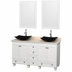 60 inch Double Bathroom Vanity in White, Ivory Marble Countertop, Arista Black Granite Sinks, and 24 inch Mirrors