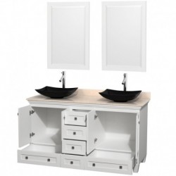 60 inch Double Bathroom Vanity in White, Ivory Marble Countertop, Arista Black Granite Sinks, and 24 inch Mirrors