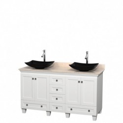 60 inch Double Bathroom Vanity in White, Ivory Marble Countertop, Arista Black Granite Sinks, and No Mirrors