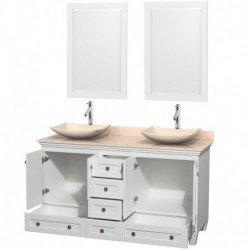 60 inch Double Bathroom Vanity in White, Ivory Marble Countertop, Arista Ivory Marble Sinks, and 24 inch Mirrors