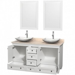 60 inch Double Bathroom Vanity in White, Ivory Marble Countertop, Arista White Carrera Marble Sinks, and 24 inch Mirrors