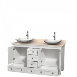 60 inch Double Bathroom Vanity in White, Ivory Marble Countertop, Arista White Carrera Marble Sinks, and No Mirrors