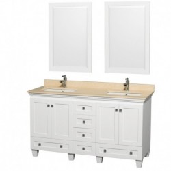 60 inch Double Bathroom Vanity in White, Ivory Marble Countertop, Undermount Square Sinks, and 24 inch Mirrors
