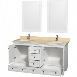 60 inch Double Bathroom Vanity in White, Ivory Marble Countertop, Undermount Square Sinks, and 24 inch Mirrors
