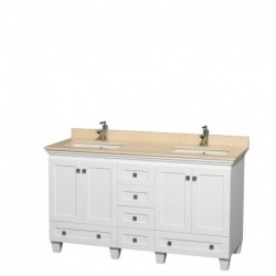 60 inch Double Bathroom Vanity in White, Ivory Marble Countertop, Undermount Square Sinks, and No Mirrors