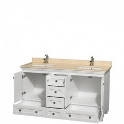 60 inch Double Bathroom Vanity in White, Ivory Marble Countertop, Undermount Square Sinks, and No Mirrors