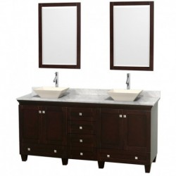 72 inch Double Bathroom Vanity in Espresso, White Carrera Marble Countertop, Pyra Bone Sinks, and 24 inch Mirrors