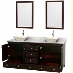 72 inch Double Bathroom Vanity in Espresso, White Carrera Marble Countertop, Pyra Bone Sinks, and 24 inch Mirrors