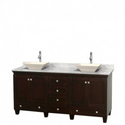 72 inch Double Bathroom Vanity in Espresso, White Carrera Marble Countertop, Pyra Bone Sinks, and No Mirrors