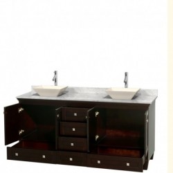 72 inch Double Bathroom Vanity in Espresso, White Carrera Marble Countertop, Pyra Bone Sinks, and No Mirrors