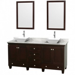 72 inch Double Bathroom Vanity in Espresso, White Carrera Marble Countertop, Pyra White Sinks, and 24 inch Mirrors