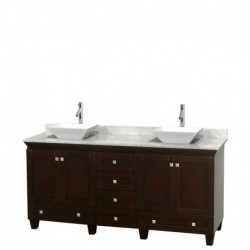 72 inch Double Bathroom Vanity in Espresso, White Carrera Marble Countertop, Pyra White Sinks, and No Mirrors
