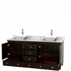 72 inch Double Bathroom Vanity in Espresso, White Carrera Marble Countertop, Pyra White Sinks, and No Mirrors