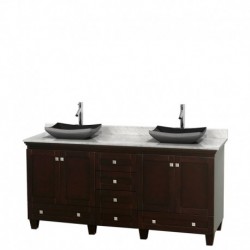 72 inch Double Bathroom Vanity in Espresso, White Carrera Marble Countertop, Altair Black Granite Sinks, and No Mirrors