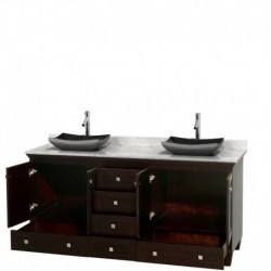 72 inch Double Bathroom Vanity in Espresso, White Carrera Marble Countertop, Altair Black Granite Sinks, and No Mirrors