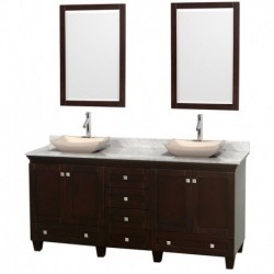 72 inch Double Bathroom Vanity in Espresso, White Carrera Marble Countertop, Avalon Ivory Marble Sinks, and 24 inch Mirrors