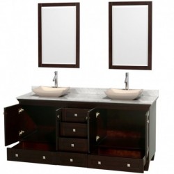 72 inch Double Bathroom Vanity in Espresso, White Carrera Marble Countertop, Avalon Ivory Marble Sinks, and 24 inch Mirrors