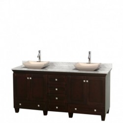 72 inch Double Bathroom Vanity in Espresso, White Carrera Marble Countertop, Avalon Ivory Marble Sinks, and No Mirrors