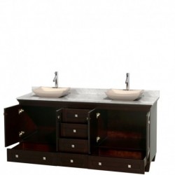 72 inch Double Bathroom Vanity in Espresso, White Carrera Marble Countertop, Avalon Ivory Marble Sinks, and No Mirrors