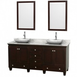 72 inch Double Bathroom Vanity in Espresso, White Carrera Marble Countertop, Avalon White Carrera Marble Sinks, and 24 inch Mir