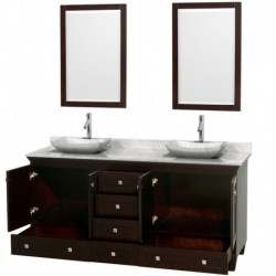 72 inch Double Bathroom Vanity in Espresso, White Carrera Marble Countertop, Avalon White Carrera Marble Sinks, and 24 inch Mir