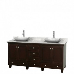 72 inch Double Bathroom Vanity in Espresso, White Carrera Marble Countertop, Avalon White Carrera Marble Sinks, and No Mirrors