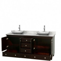 72 inch Double Bathroom Vanity in Espresso, White Carrera Marble Countertop, Avalon White Carrera Marble Sinks, and No Mirrors