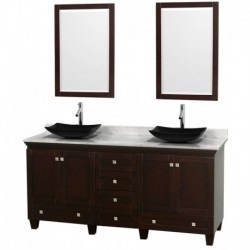 72 inch Double Bathroom Vanity in Espresso, White Carrera Marble Countertop, Arista Black Granite Sinks, and 24 inch Mirrors