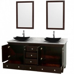 72 inch Double Bathroom Vanity in Espresso, White Carrera Marble Countertop, Arista Black Granite Sinks, and 24 inch Mirrors
